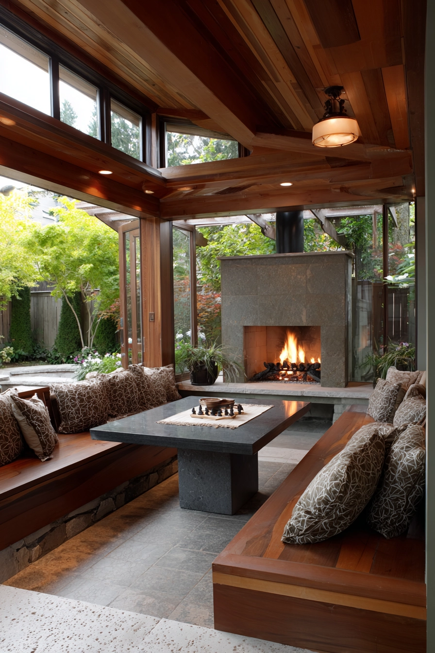 sunroom with fireplace 38