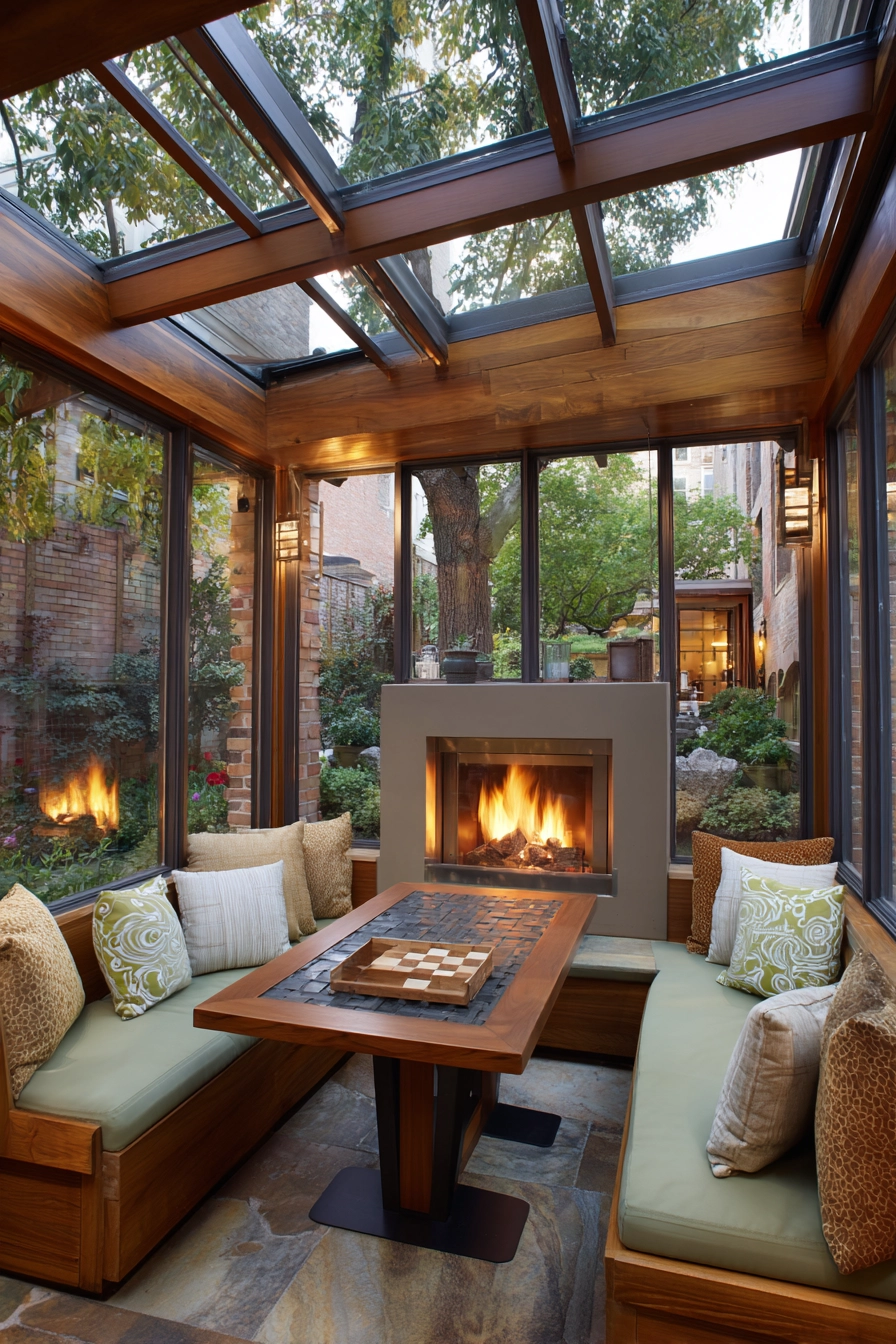 sunroom with fireplace 39